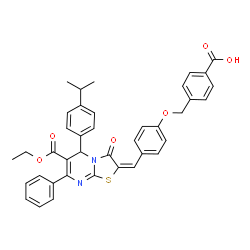 ChemSpider 2D Image | 4-[(4-{(E)-[6-(Ethoxycarbonyl)-5-(4-isopropylphenyl)-3-oxo-7-phenyl-5H-[1,3]thiazolo[3,2-a]pyrimidin-2(3H)-ylidene]methyl}phenoxy)methyl]benzoic acid | C39H34N2O6S