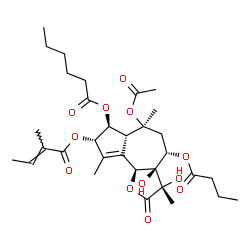 ChemSpider 2D Image | (3S,3aR,4S,6S,6aR,7S,8S,9bS)-6-Acetoxy-4-(butyryloxy)-3,3a-dihydroxy-3,6,9-trimethyl-8-{[(2E)-2-methyl-2-butenoyl]oxy}-2-oxo-2,3,3a,4,5,6,6a,7,8,9b-decahydroazuleno[4,5-b]furan-7-yl hexanoate | C32H46O12