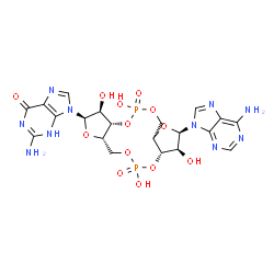ChemSpider 2D Image | 2-Amino-9-[(2R,3S,3aS,7aS,9R,10S,10aS,14aS)-9-(6-amino-9H-purin-9-yl)-3,5,10,12-tetrahydroxy-5,12-dioxidooctahydro-2H,7H-difuro[3,2-d:3',2'-j][1,3,7,9,2,8]tetraoxadiphosphacyclododecin-2-yl]-3,9-dihyd
ro-6H-purin-6-one | C20H24N10O13P2