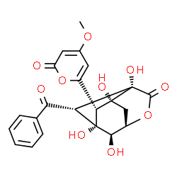ChemSpider 2D Image | (1S,2S,3R,6R,8R,9S,10R)-2-Benzoyl-1,3,8,10-tetrahydroxy-9-(4-methoxy-2-oxo-2H-pyran-6-yl)-5-oxatricyclo[4.3.1.0~3,8~]decan-4-one | C22H20O10