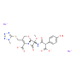 ChemSpider 2D Image | Disodium (6S,7S)-7-{[(2S)-2-carboxylato-2-(4-hydroxyphenyl)acetyl]amino}-7-methoxy-3-{[(1-methyl-1H-tetrazol-5-yl)sulfanyl]methyl}-8-oxo-5-oxa-1-azabicyclo[4.2.0]oct-2-ene-2-carboxylate | C20H18N6Na2O9S