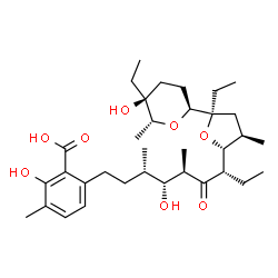 ChemSpider 2D Image | 6-[(3S,4R,5R,7S)-7-{(2R,3R,5R)-5-Ethyl-5-[(2S,5S,6R)-5-ethyl-5-hydroxy-6-methyltetrahydro-2H-pyran-2-yl]-3-methyltetrahydro-2-furanyl}-4-hydroxy-3,5-dimethyl-6-oxononyl]-2-hydroxy-3-methylbenzoic acid | C34H54O8