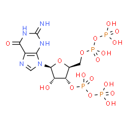 ChemSpider 2D Image | 9-{3,5-Bis-O-[hydroxy(phosphonooxy)phosphoryl]-beta-L-ribofuranosyl}-2-imino-1,2,3,9-tetrahydro-6H-purin-6-one | C10H17N5O17P4