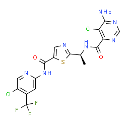ChemSpider 2D Image | 6-Amino-5-chloro-N-[(1S)-1-(5-{[5-chloro-4-(trifluoromethyl)-2-pyridinyl]carbamoyl}-1,3-thiazol-2-yl)ethyl]-4-pyrimidinecarboxamide | C17H12Cl2F3N7O2S