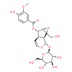 ChemSpider 2D Image | (1bS,2S,5aR,6S,6aS)-2-(beta-D-Glucopyranosyloxy)-1a-(hydroxymethyl)-1a,1b,2,5a,6,6a-hexahydrooxireno[4,5]cyclopenta[1,2-c]pyran-6-yl 4-hydroxy-3-methoxybenzoate | C23H28O13