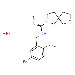 ChemSpider 2D Image | N-(5-Bromo-2-methoxybenzyl)-N'-methyl-2-oxa-7-azaspiro[4.4]nonane-7-carboximidamide hydrobromide (1:1) | C17H25Br2N3O2
