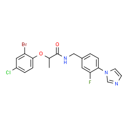 ChemSpider 2D Image | 2-(2-Bromo-4-chlorophenoxy)-N-[3-fluoro-4-(1H-imidazol-1-yl)benzyl]propanamide | C19H16BrClFN3O2