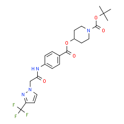ChemSpider 2D Image | 2-Methyl-2-propanyl 4-{[4-({[3-(trifluoromethyl)-1H-pyrazol-1-yl]acetyl}amino)benzoyl]oxy}-1-piperidinecarboxylate | C23H27F3N4O5