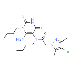 ChemSpider 2D Image | N-(6-Amino-1-butyl-2,4-dioxo-1,2,3,4-tetrahydro-5-pyrimidinyl)-N-butyl-2-(4-chloro-3,5-dimethyl-1H-pyrazol-1-yl)acetamide | C19H29ClN6O3