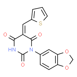 ChemSpider 2D Image | (5Z)-1-(1,3-Benzodioxol-5-yl)-5-(2-thienylmethylene)-2,4,6(1H,3H,5H)-pyrimidinetrione | C16H10N2O5S