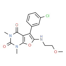 ChemSpider 2D Image | 5-(3-Chlorophenyl)-6-[(2-methoxyethyl)amino]-1,3-dimethylfuro[2,3-d]pyrimidine-2,4(1H,3H)-dione | C17H18ClN3O4