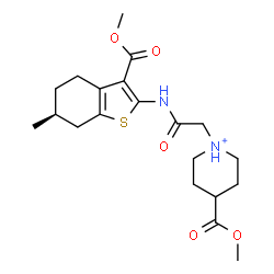 ChemSpider 2D Image | 4-(Methoxycarbonyl)-1-(2-{[(6S)-3-(methoxycarbonyl)-6-methyl-4,5,6,7-tetrahydro-1-benzothiophen-2-yl]amino}-2-oxoethyl)piperidinium | C20H29N2O5S