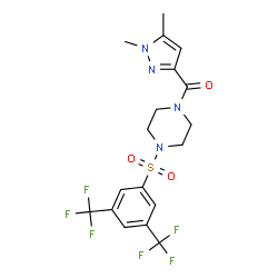 ChemSpider 2D Image | (4-{[3,5-Bis(trifluoromethyl)phenyl]sulfonyl}-1-piperazinyl)(1,5-dimethyl-1H-pyrazol-3-yl)methanone | C18H18F6N4O3S