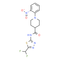 ChemSpider 2D Image | N-[5-(Difluoromethyl)-1,3,4-thiadiazol-2-yl]-1-(2-nitrophenyl)-4-piperidinecarboxamide | C15H15F2N5O3S