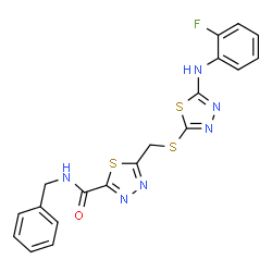ChemSpider 2D Image | N-Benzyl-5-[({5-[(2-fluorophenyl)amino]-1,3,4-thiadiazol-2-yl}sulfanyl)methyl]-1,3,4-thiadiazole-2-carboxamide | C19H15FN6OS3