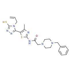 ChemSpider 2D Image | N-[5-(4-Allyl-5-sulfanyl-4H-1,2,4-triazol-3-yl)-4-methyl-1,3-thiazol-2-yl]-2-(4-benzyl-1-piperazinyl)acetamide | C22H27N7OS2