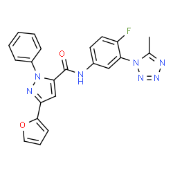 ChemSpider 2D Image | N-[4-Fluoro-3-(5-methyl-1H-tetrazol-1-yl)phenyl]-3-(2-furyl)-1-phenyl-1H-pyrazole-5-carboxamide | C22H16FN7O2