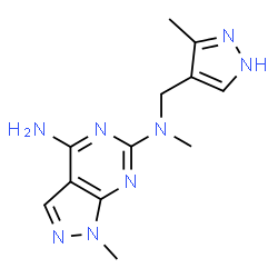 ChemSpider 2D Image | N~6~,1-Dimethyl-N~6~-[(3-methyl-1H-pyrazol-4-yl)methyl]-1H-pyrazolo[3,4-d]pyrimidine-4,6-diamine | C12H16N8
