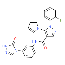 ChemSpider 2D Image | 1-(2-Fluorophenyl)-N-[3-(5-oxo-1,5-dihydro-4H-1,2,4-triazol-4-yl)phenyl]-5-(1H-pyrrol-1-yl)-1H-pyrazole-4-carboxamide | C22H16FN7O2
