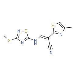 ChemSpider 2D Image | (2E)-3-{[3-(Methylsulfanyl)-1,2,4-thiadiazol-5-yl]amino}-2-(4-methyl-1,3-thiazol-2-yl)acrylonitrile | C10H9N5S3