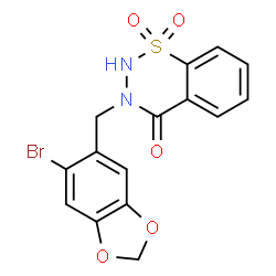 ChemSpider 2D Image | 3-[(6-Bromo-1,3-benzodioxol-5-yl)methyl]-2,3-dihydro-4H-1,2,3-benzothiadiazin-4-one 1,1-dioxide | C15H11BrN2O5S