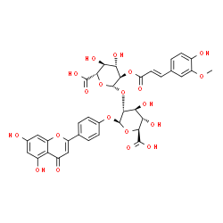 ChemSpider 2D Image | 4-(5,7-Dihydroxy-4-oxo-4H-chromen-2-yl)phenyl 2-O-{2-O-[(2E)-3-(4-hydroxy-3-methoxyphenyl)-2-propenoyl]-beta-D-glucopyranuronosyl}-beta-D-glucopyranosiduronic acid | C37H34O20
