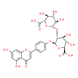 ChemSpider 2D Image | 4-(5,7-Dihydroxy-4-oxo-4H-chromen-2-yl)phenyl 2-O-beta-D-glucopyranuronosyl-beta-D-glucopyranosiduronic acid | C27H26O17
