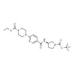 ChemSpider 2D Image | Ethyl 4-(5-{[(3R)-1-{[(2-methyl-2-propanyl)oxy]carbonyl}-3-pyrrolidinyl]carbamoyl}-2-pyridinyl)-1-piperazinecarboxylate | C22H33N5O5