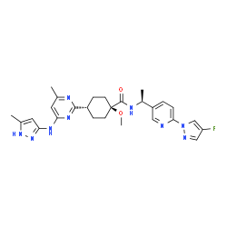 ChemSpider 2D Image | trans-N-{(1S)-1-[6-(4-Fluoro-1H-pyrazol-1-yl)-3-pyridinyl]ethyl}-1-methoxy-4-{4-methyl-6-[(5-methyl-1H-pyrazol-3-yl)amino]-2-pyrimidinyl}cyclohexanecarboxamide | C27H32FN9O2