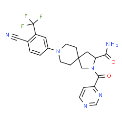 ChemSpider 2D Image | 8-[4-Cyano-3-(trifluoromethyl)phenyl]-2-(4-pyrimidinylcarbonyl)-2,8-diazaspiro[4.5]decane-3-carboxamide | C22H21F3N6O2