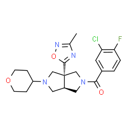 ChemSpider 2D Image | (3-Chloro-4-fluorophenyl)[(3aR,6aR)-3a-(3-methyl-1,2,4-oxadiazol-5-yl)-5-(tetrahydro-2H-pyran-4-yl)hexahydropyrrolo[3,4-c]pyrrol-2(1H)-yl]methanone | C21H24ClFN4O3