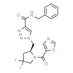 ChemSpider 2D Image | N-Benzyl-1-{[(2S)-4,4-difluoro-1-(1,3-oxazol-5-ylcarbonyl)-2-pyrrolidinyl]methyl}-1H-1,2,3-triazole-4-carboxamide | C19H18F2N6O3