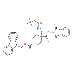ChemSpider 2D Image | 9H-Fluoren-9-ylmethyl 4-{[(1,3-dioxo-1,3-dihydro-2H-isoindol-2-yl)oxy]carbonyl}-4-[({[(2-methyl-2-propanyl)oxy]carbonyl}amino)methyl]-1-piperidinecarboxylate | C35H35N3O8