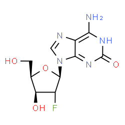 ChemSpider 2D Image | 6-Amino-9-[(2xi)-2-deoxy-2-fluoro-beta-D-threo-pentofuranosyl]-1,9-dihydro-2H-purin-2-one | C10H12FN5O4