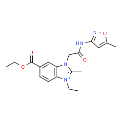 ChemSpider 2D Image | 6-(Ethoxycarbonyl)-3-ethyl-2-methyl-1-{2-[(5-methyl-1,2-oxazol-3-yl)amino]-2-oxoethyl}-1H-benzimidazol-3-ium | C19H23N4O4