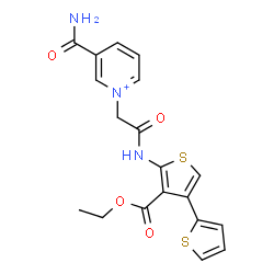 ChemSpider 2D Image | 3-Carbamoyl-1-(2-{[4'-(ethoxycarbonyl)-2,3'-bithiophen-5'-yl]amino}-2-oxoethyl)pyridinium | C19H18N3O4S2