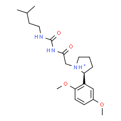 ChemSpider 2D Image | (2S)-2-(2,5-Dimethoxyphenyl)-1-(2-{[(3-methylbutyl)carbamoyl]amino}-2-oxoethyl)pyrrolidinium | C20H32N3O4