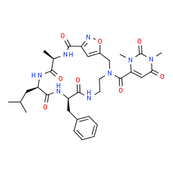 ChemSpider 2D Image | (4R,7R,10R)-10-Benzyl-15-[(1,3-dimethyl-2,6-dioxo-1,2,3,6-tetrahydro-4-pyrimidinyl)carbonyl]-7-isobutyl-4-methyl-18-oxa-3,6,9,12,15,19-hexaazabicyclo[15.2.1]icosa-1(19),17(20)-diene-2,5,8,11-tetrone | C32H40N8O8