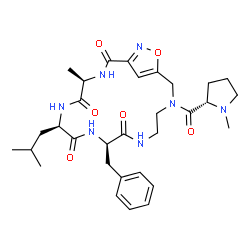 ChemSpider 2D Image | (4R,7R,10R)-10-Benzyl-7-isobutyl-4-methyl-15-{[(2S)-1-methyl-2-pyrrolidinyl]carbonyl}-18-oxa-3,6,9,12,15,19-hexaazabicyclo[15.2.1]icosa-1(19),17(20)-diene-2,5,8,11-tetrone | C31H43N7O6