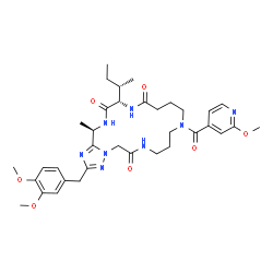 ChemSpider 2D Image | (17S,20R)-17-[(2S)-2-Butanyl]-2-(3,4-dimethoxybenzyl)-11-(2-methoxyisonicotinoyl)-20-methyl-7,8,9,10,11,12,13,14,16,17,19,20-dodecahydro[1,2,4]triazolo[5,1-f][1,4,7,10,14]pentaazacyclooctadecine-6,15,
18(5H)-trione | C35H48N8O7