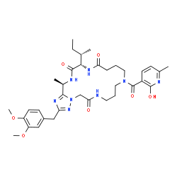 ChemSpider 2D Image | (17S,20R)-17-[(2S)-2-Butanyl]-2-(3,4-dimethoxybenzyl)-11-[(2-hydroxy-6-methyl-3-pyridinyl)carbonyl]-20-methyl-7,8,9,10,11,12,13,14,16,17,19,20-dodecahydro[1,2,4]triazolo[5,1-f][1,4,7,10,14]pentaazacyc
looctadecine-6,15,18(5H)-trione | C35H48N8O7