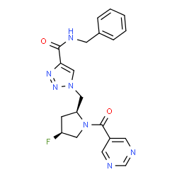 ChemSpider 2D Image | N-Benzyl-1-{[(2S,4S)-4-fluoro-1-(5-pyrimidinylcarbonyl)-2-pyrrolidinyl]methyl}-1H-1,2,3-triazole-4-carboxamide | C20H20FN7O2