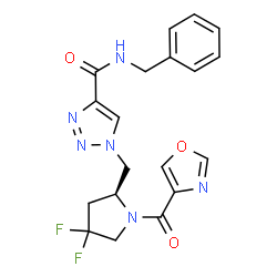 ChemSpider 2D Image | N-Benzyl-1-{[(2S)-4,4-difluoro-1-(1,3-oxazol-4-ylcarbonyl)-2-pyrrolidinyl]methyl}-1H-1,2,3-triazole-4-carboxamide | C19H18F2N6O3