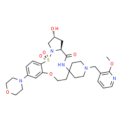 ChemSpider 2D Image | (10a'S,12'R)-12'-Hydroxy-1-[(2-methoxy-3-pyridinyl)methyl]-3'-(4-morpholinyl)-6',7',10a',11',12',13'-hexahydrospiro[piperidine-4,8'-pyrrolo[1,2-b][9,1,2,5]benzoxathiadiazacycloundecin]-10'(9'H)-one 15
',15'-dioxide | C29H39N5O7S