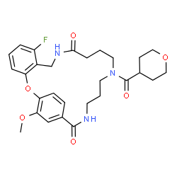 ChemSpider 2D Image | 7-Fluoro-23-methoxy-15-(tetrahydro-2H-pyran-4-ylcarbonyl)-2-oxa-10,15,19-triazatricyclo[19.2.2.0~3,8~]pentacosa-1(23),3,5,7,21,24-hexaene-11,20-dione | C28H34FN3O6