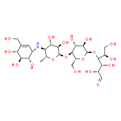 ChemSpider 2D Image | 4,6-Dideoxy-4-{[(1S,4R,5S,6S)-4,5,6-trihydroxy-3-(hydroxymethyl)-2-cyclohexen-1-yl]amino}-alpha-D-glucopyranosyl-(1->4)-alpha-D-glucopyranosyl-(1->4)-(4xi)-D-xylo-hexose | C25H43NO18