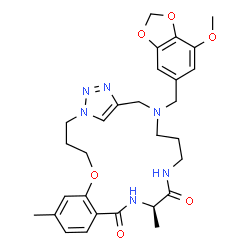 ChemSpider 2D Image | (14R)-20-[(7-Methoxy-1,3-benzodioxol-5-yl)methyl]-8,14-dimethyl-5-oxa-1,13,16,20,23,24-hexaazatricyclo[20.2.1.0~6,11~]pentacosa-6,8,10,22(25),23-pentaene-12,15-dione | C29H36N6O6