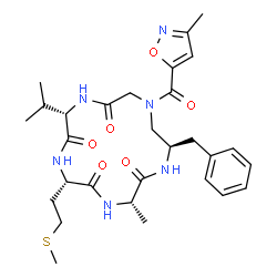 ChemSpider 2D Image | (3S,6S,9S,15R)-15-Benzyl-9-isopropyl-3-methyl-13-[(3-methyl-1,2-oxazol-5-yl)carbonyl]-6-[2-(methylsulfanyl)ethyl]-1,4,7,10,13-pentaazacyclopentadecane-2,5,8,11-tetrone | C29H40N6O6S