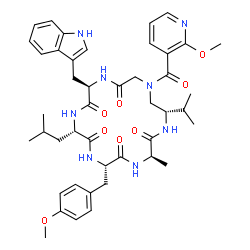 ChemSpider 2D Image | (3R,6S,9S,12R,18S)-12-(1H-Indol-3-ylmethyl)-9-isobutyl-18-isopropyl-6-(4-methoxybenzyl)-16-[(2-methoxy-3-pyridinyl)carbonyl]-3-methyl-1,4,7,10,13,16-hexaazacyclooctadecane-2,5,8,11,14-pentone | C44H56N8O8