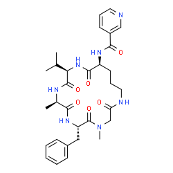 ChemSpider 2D Image | N-[(6S,9R,12R,15S)-6-Benzyl-12-isopropyl-4,9-dimethyl-2,5,8,11,14-pentaoxo-1,4,7,10,13-pentaazacyclooctadecan-15-yl]nicotinamide | C31H41N7O6